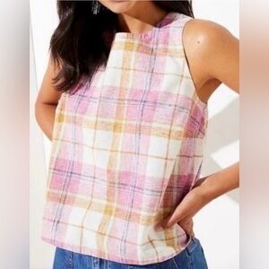 LOFT BEACH tulip style back button snap closure tank plaid soft NEW size S